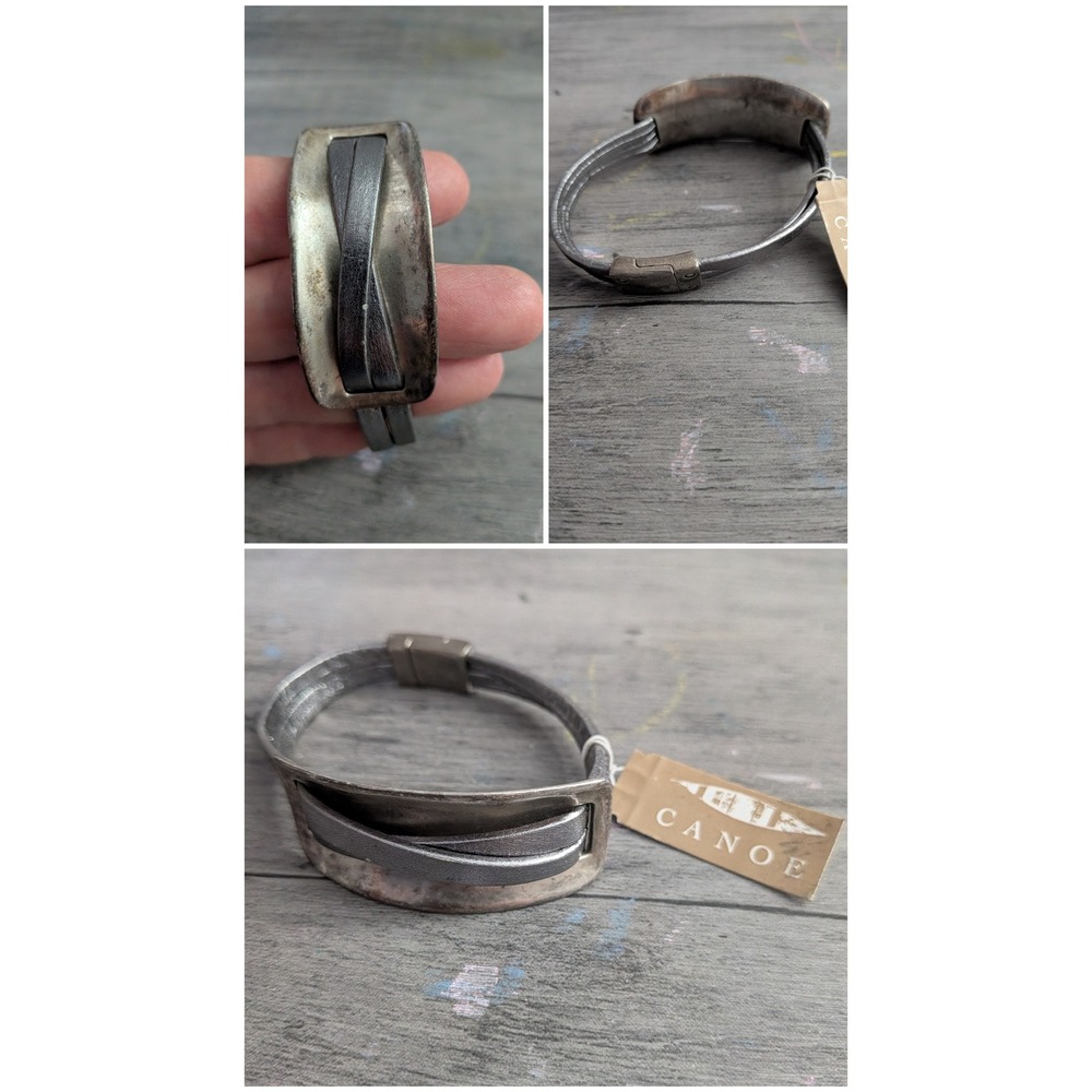 Canoe Goods Metallic Grey Leather and Silver Tone Metal Cuff Bracelet NEW